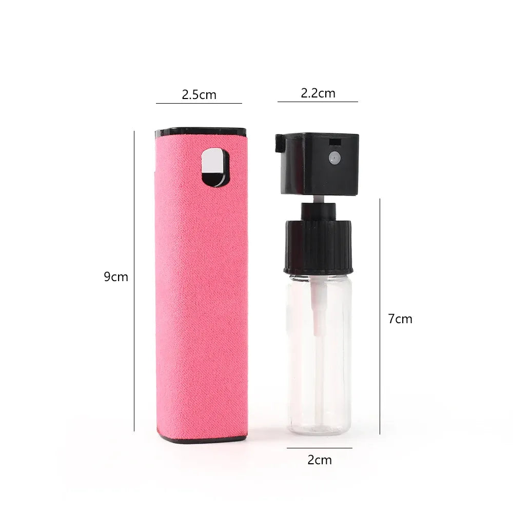 Pink rectangular case and clear spray bottle with black top, shown with measurements.