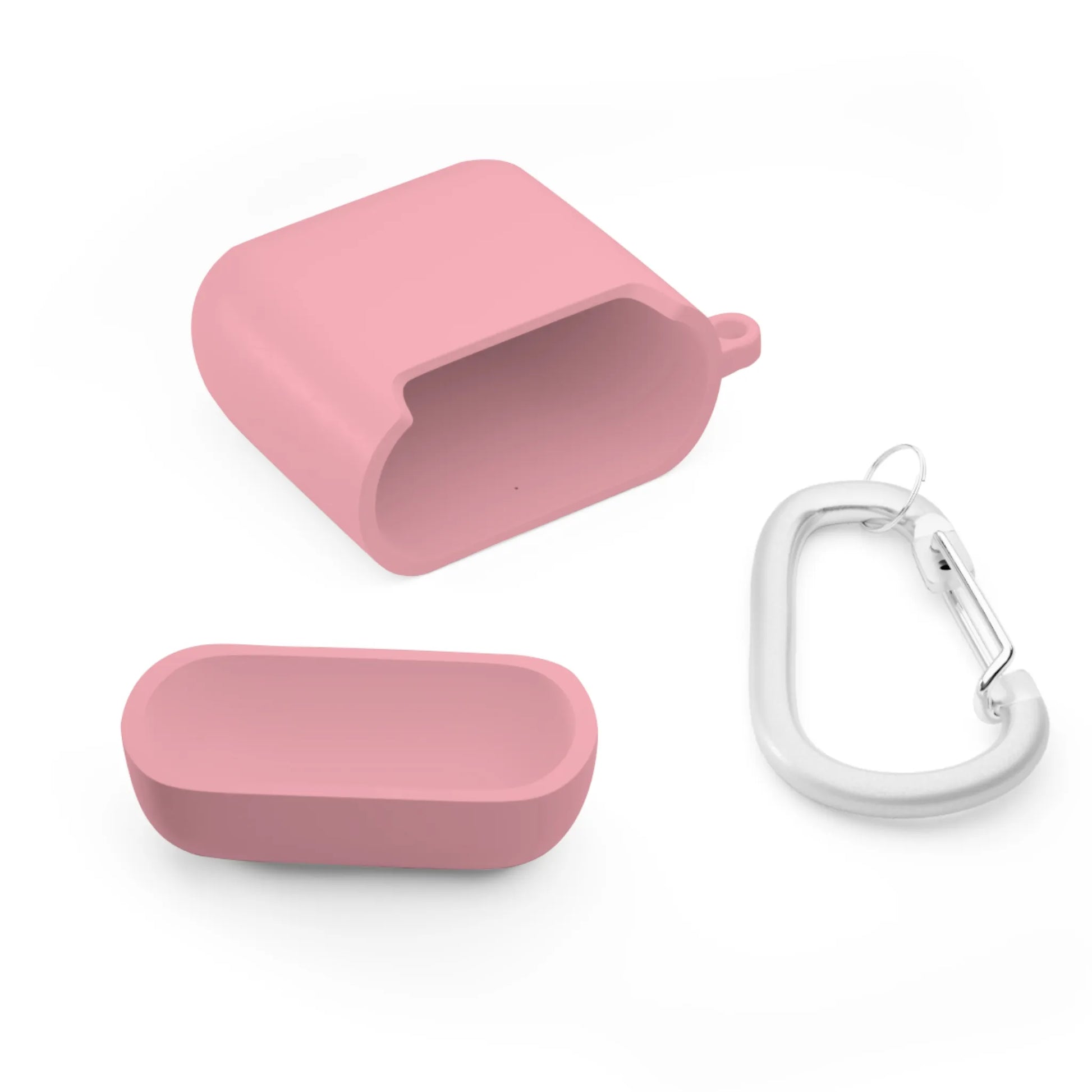 Pink silicone case for earbuds with silver carabiner clip on a white background.