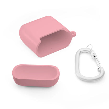Pink silicone case for earbuds with silver carabiner clip on a white background.