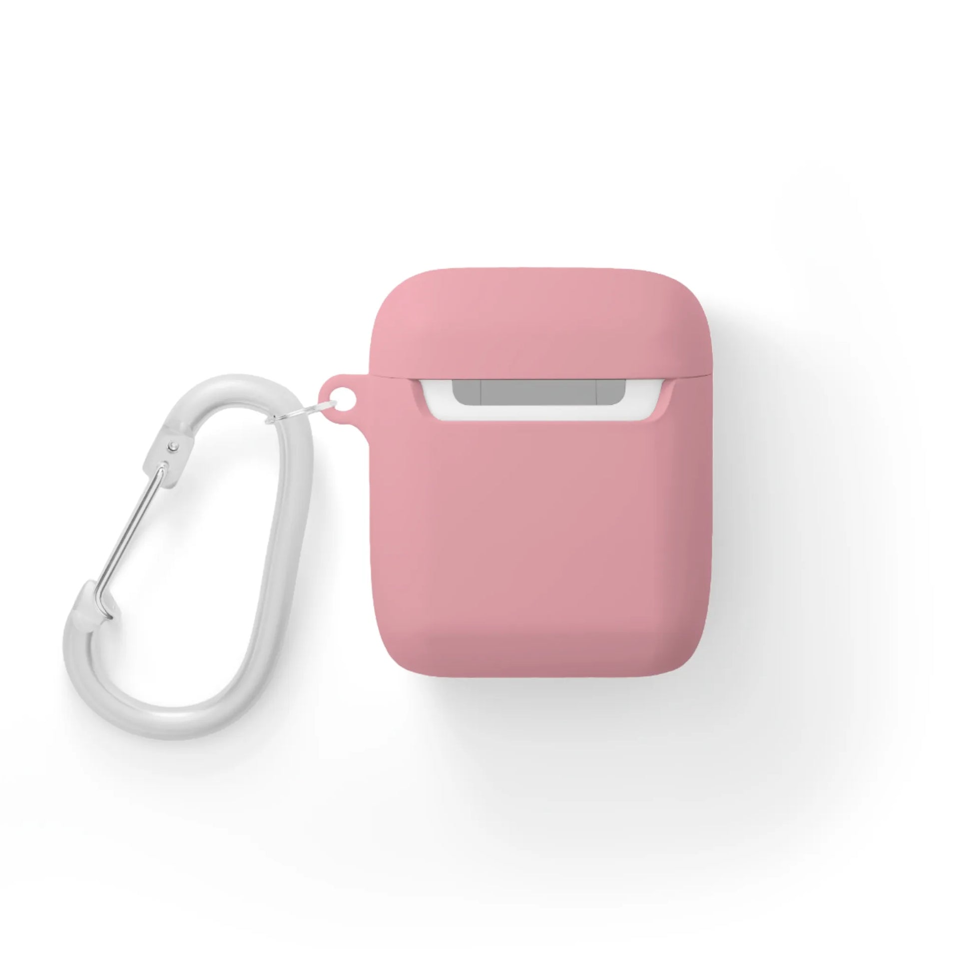 Pink silicone earbud case with a silver carabiner attached.