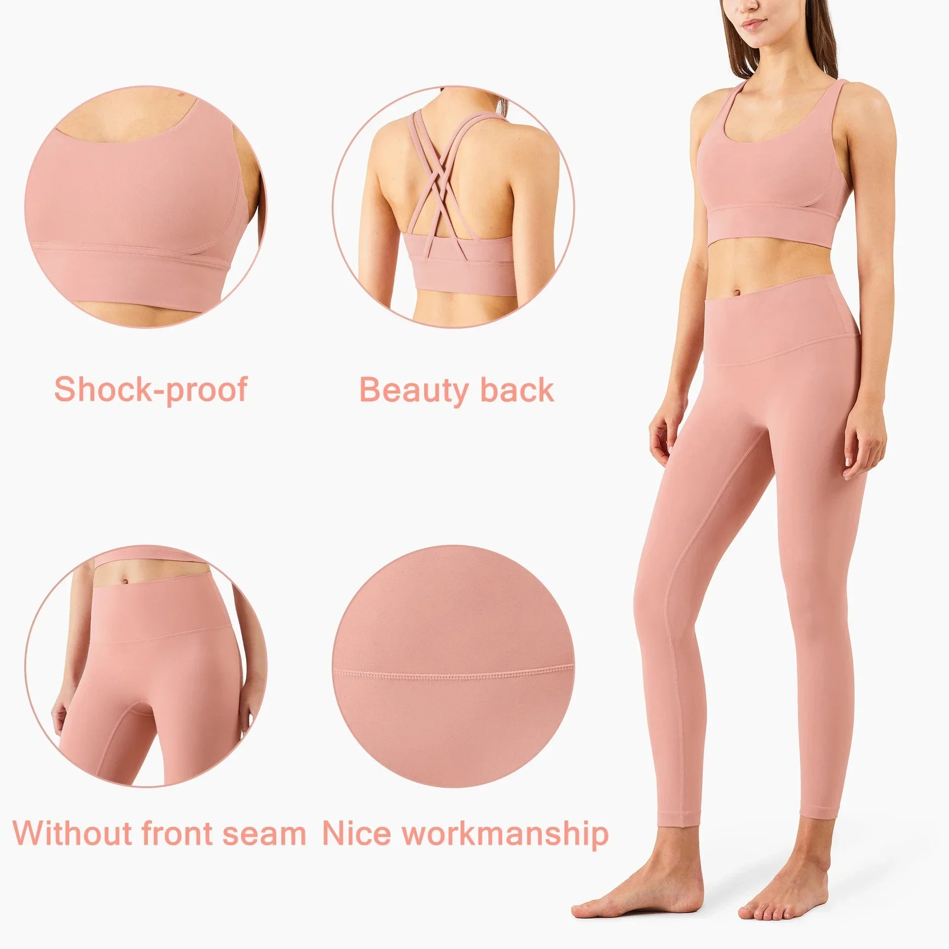 Pink workout set with feature highlights: shock-proof bra, criss-cross back, seamless leggings