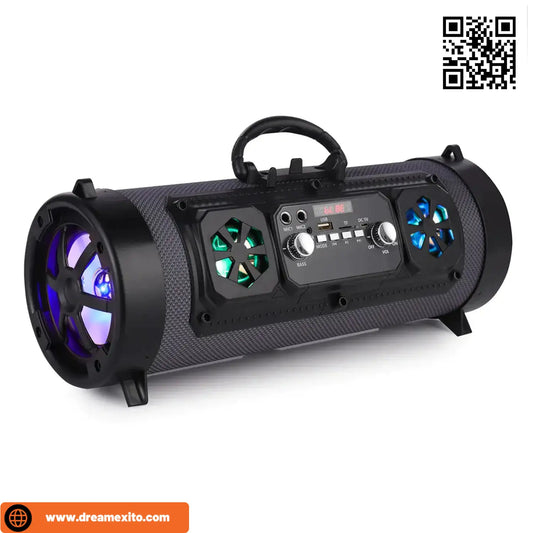Portable cylindrical speaker with glowing blue and green lights, control panel, and handle.