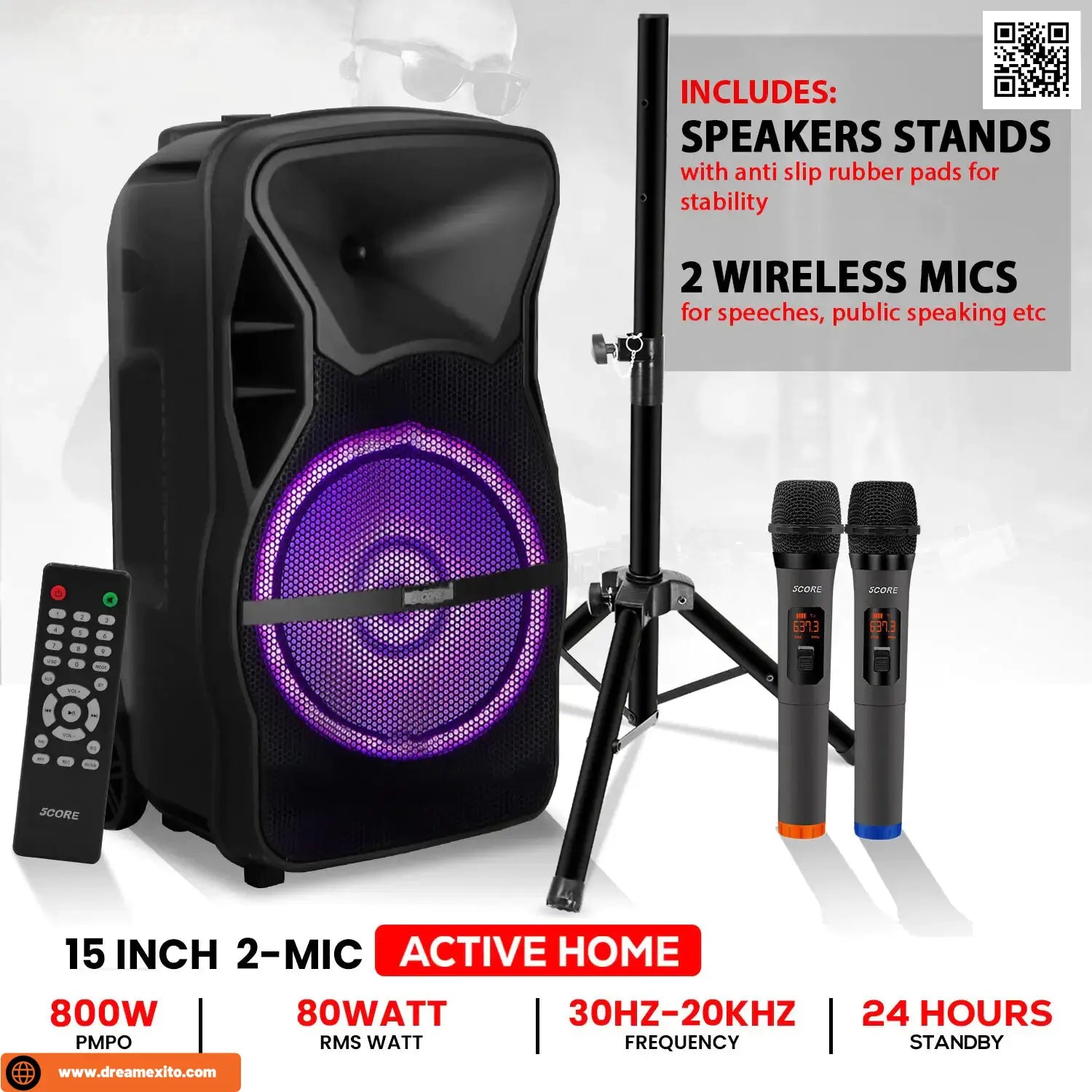 Portable speaker system with LED lights, wireless mics, and tripod stand.