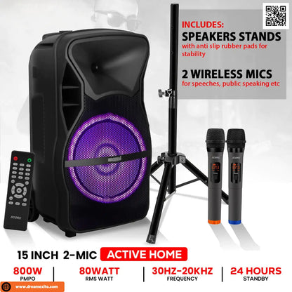 Portable speaker system with LED lights, wireless mics, and tripod stand.
