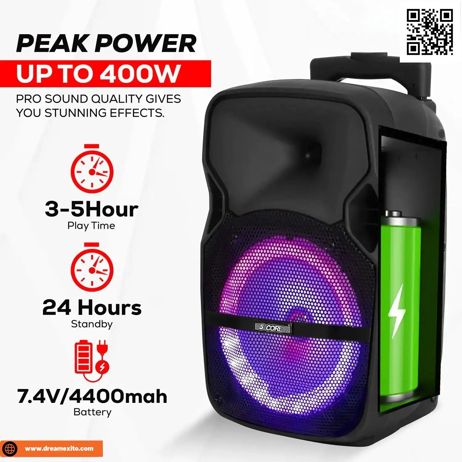 Portable speaker with LED lights and power specifications.