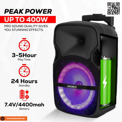 Portable speaker with LED lights and power specifications.