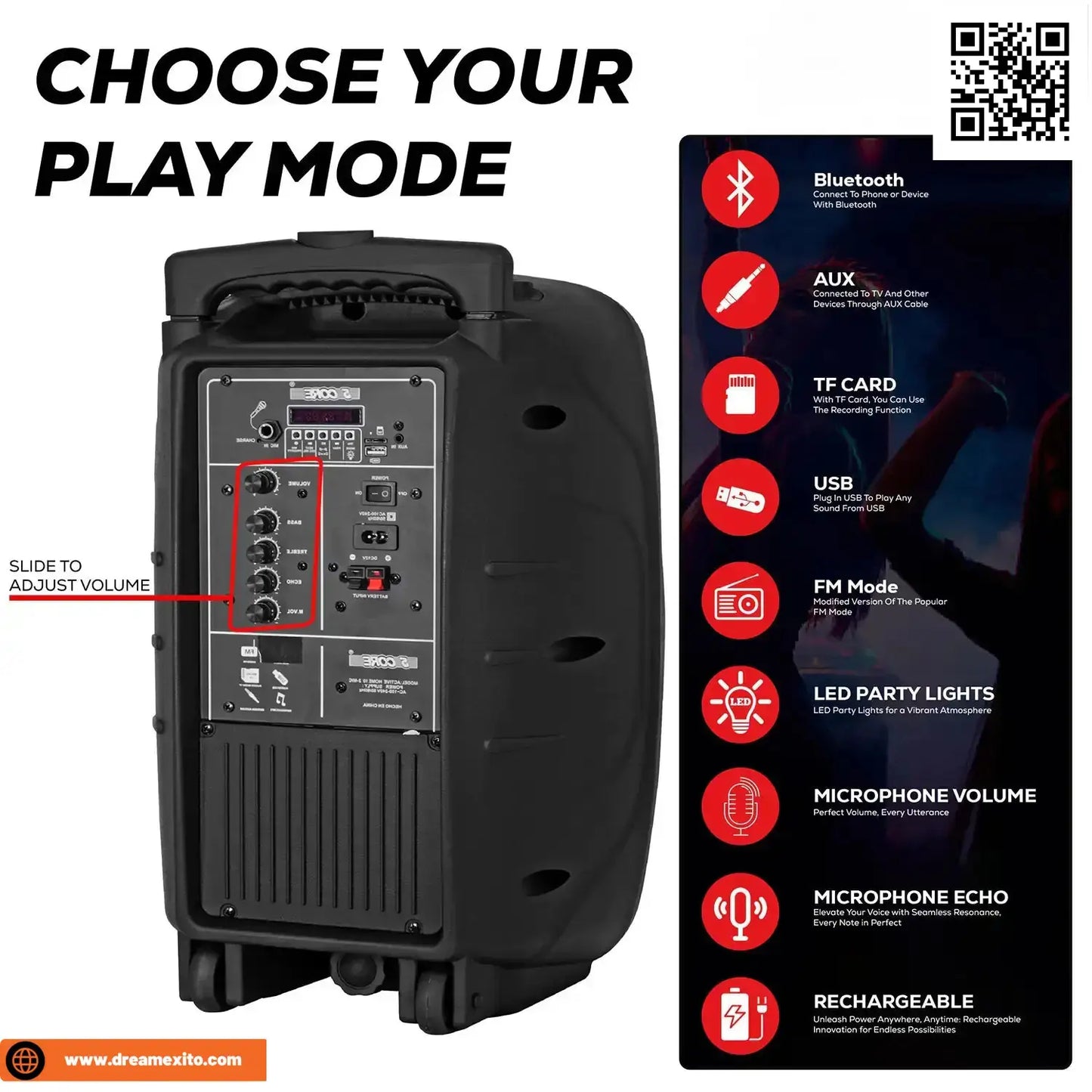 Portable speaker with control panel and list of features including Bluetooth, AUX, and LED lights.
