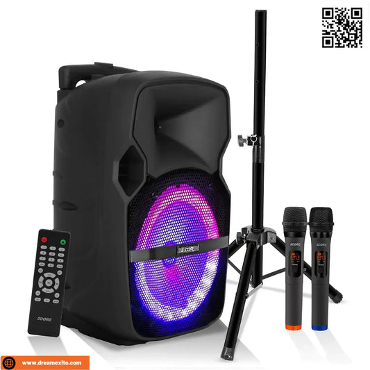 Portable speaker with multi-colored lighting, remote control, tripod stand, and two wireless microphones on a white background.