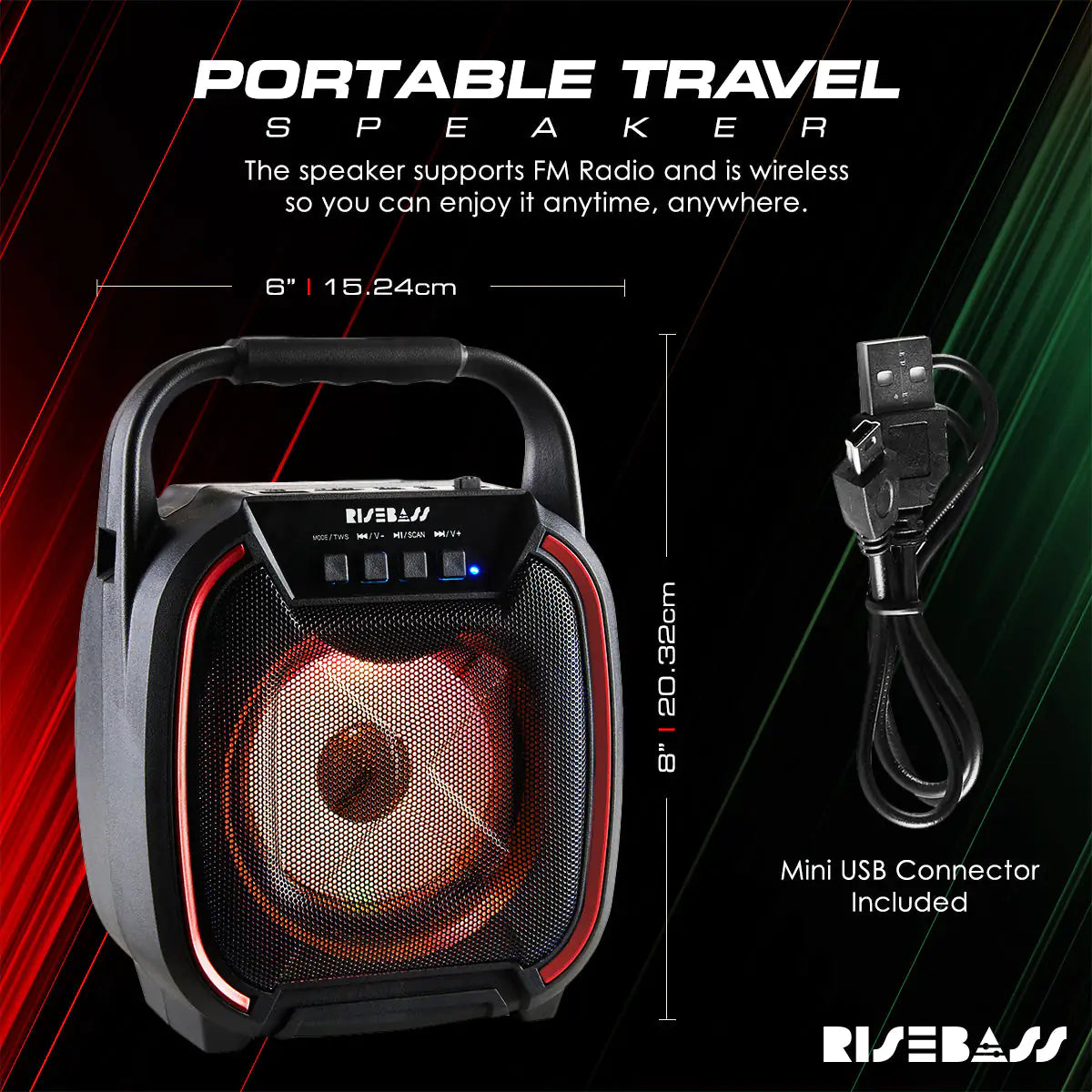 Portable travel speaker with a handle and mini USB connector.
