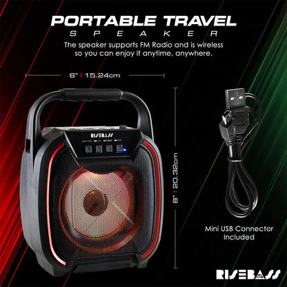 Portable travel speaker with a handle and mini USB connector.