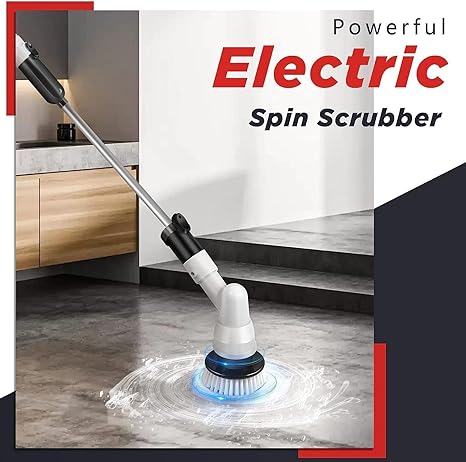 Powerful electric spin scrubber cleaning a kitchen floor with blue brush and water splashes