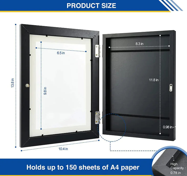 Product diagram showing dimensions of black display frame: 10.4" width, 12.8" height, holds 150 A4 sheets
