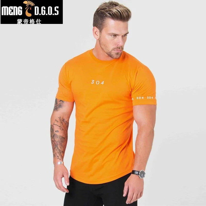 Product photo of orange "304" t-shirt from men's clothing brand featuring sleeve detail and logo