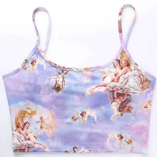 Product photo of sleeveless crop top with Renaissance cherub and angel artwork printed on pastel purple 