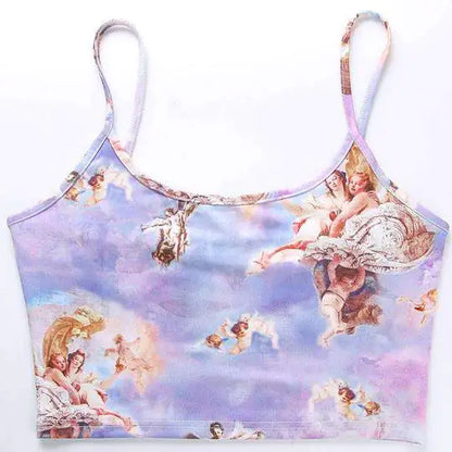 Product photo of sleeveless crop top with Renaissance cherub and angel artwork printed on pastel purple 