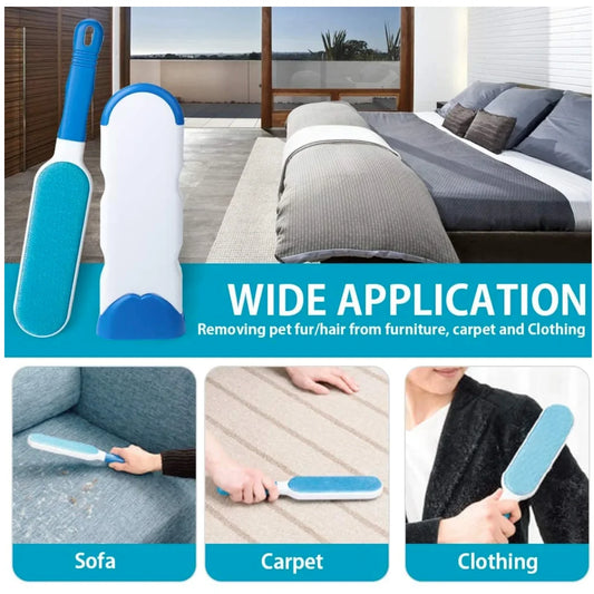 Product showcase of blue-white pet fur remover brush with demonstrations on sofa, carpet, and clothing