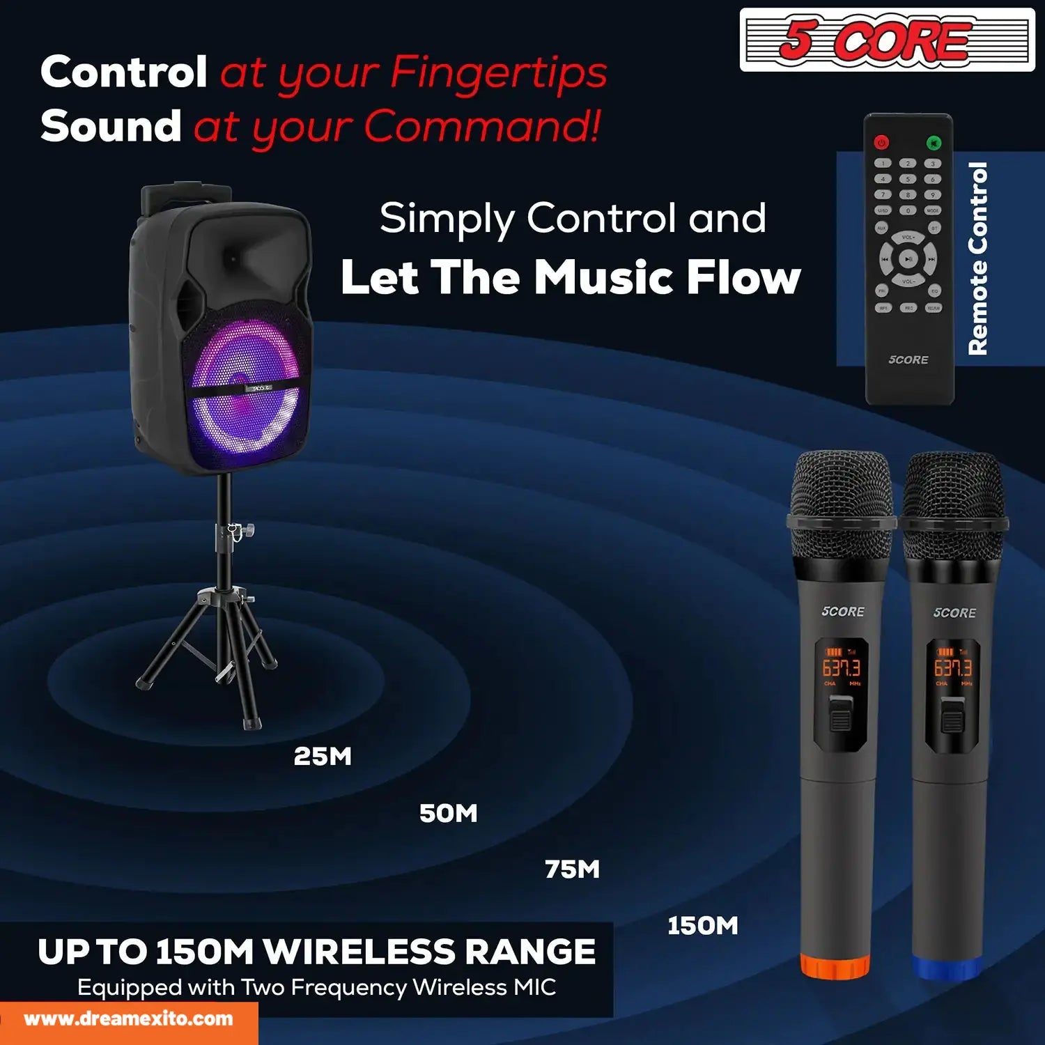 Promotional image of a speaker, remote control, and two wireless microphones against a blue circular background