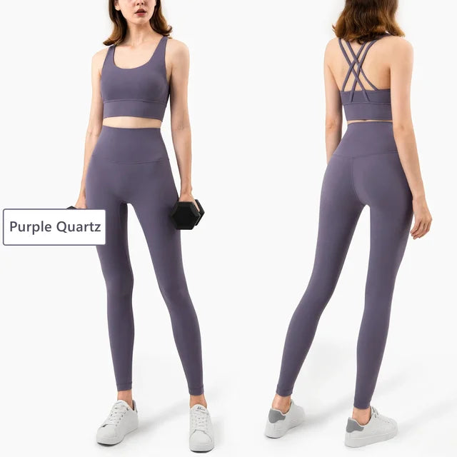 Purple Quartz athletic two-piece with cross-back sports bra and high-waist leggings with dumbbell