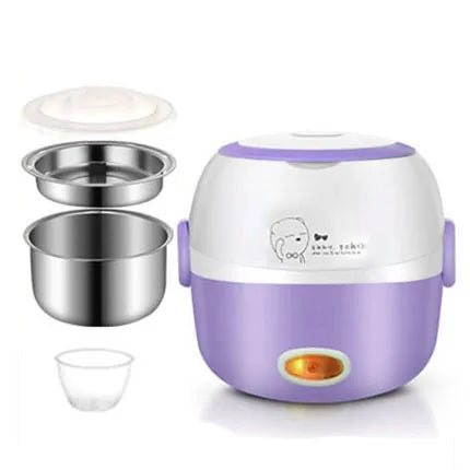 Purple mini rice cooker with metal containers and clear lid, showing components