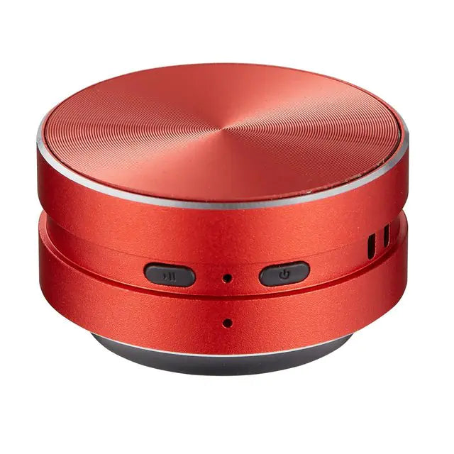 Red cylindrical Bluetooth speaker with control buttons.