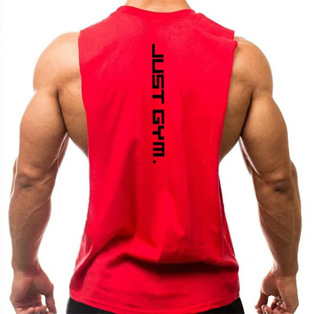 Red sleeveless workout tank displaying muscular back and shoulders with vertical "JUST GYM" text design