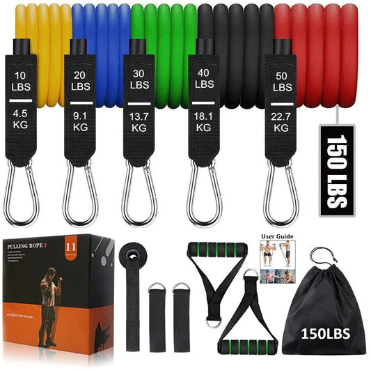 Resistance bands in rainbow colors, labeled with weights from 10 to 20 lbs, with carabiners and workout accessories.