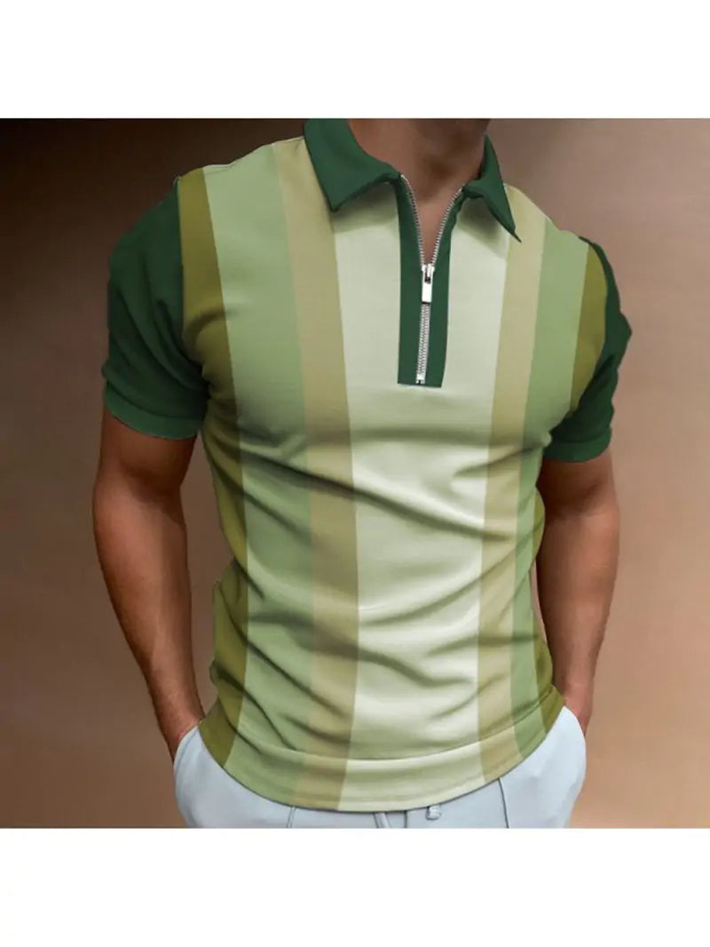 Retro-style polo shirt with vertical stripes in various shades of green, featuring quarter-zip closure