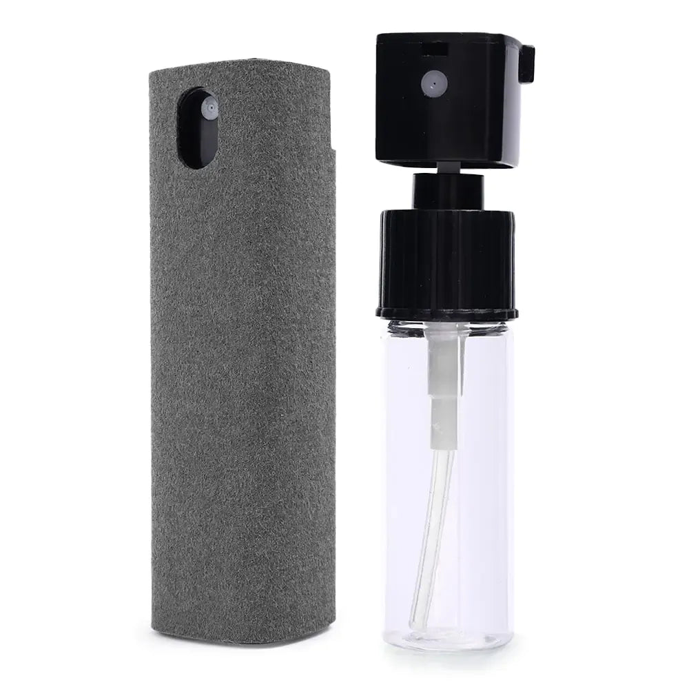 Reusable spray bottle with a gray fabric cover and an exposed black nozzle.