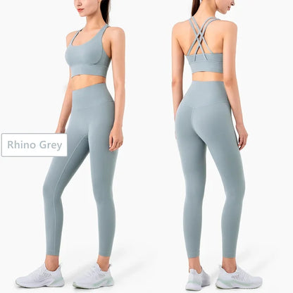 Rhino Grey fitness set featuring strappy sports bra and high-waisted seamless compression leggings