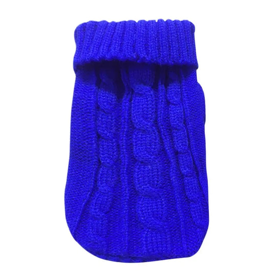 Royal blue cable knit dog sweater with ribbed collar and textured pattern showing detailed stitching