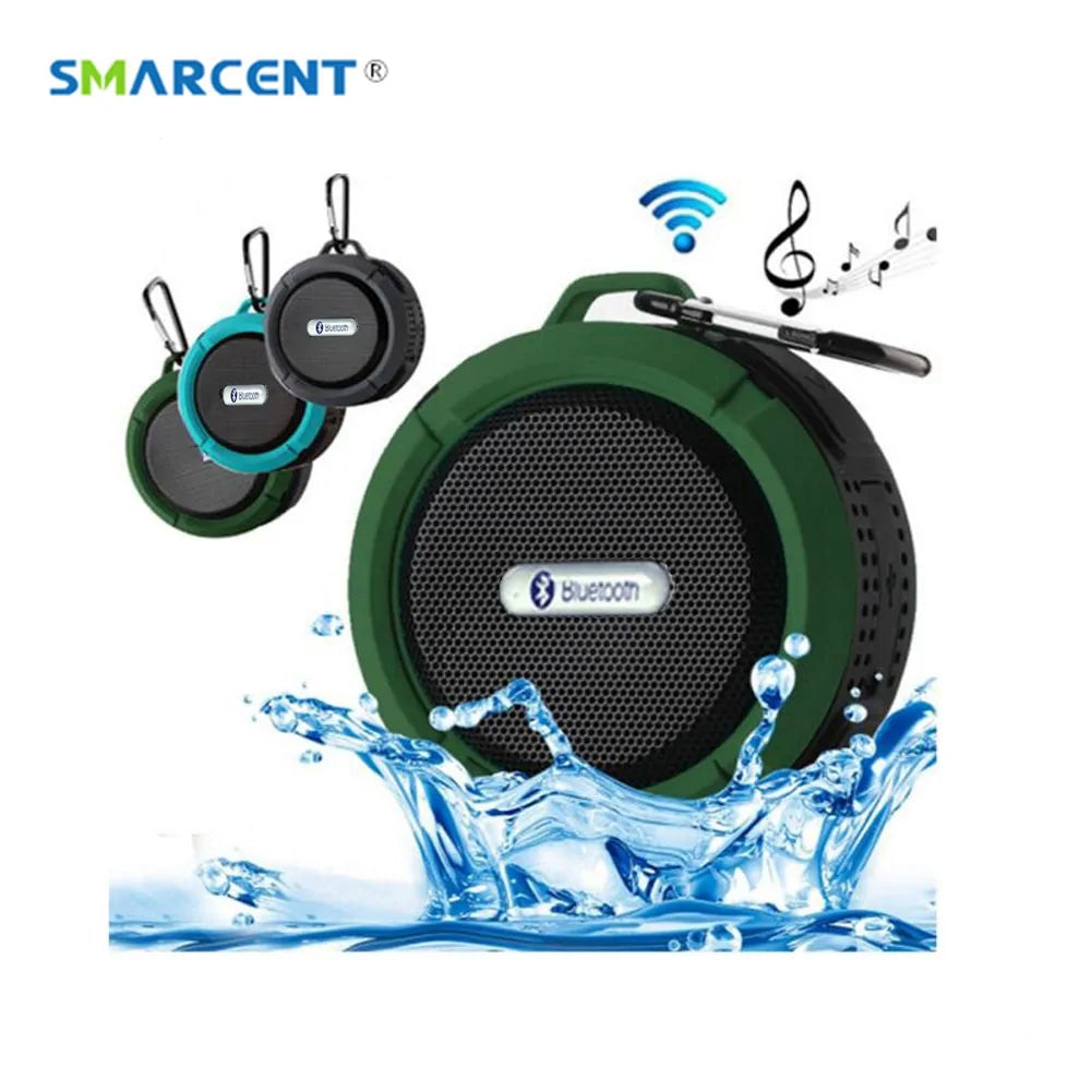SMARCENT brand promotional image showing waterproof Bluetooth speakers in different colors with wireless connectivity icons