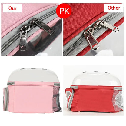 Side-by-side comparison of pink and red carriers showing zipper quality and base construction details