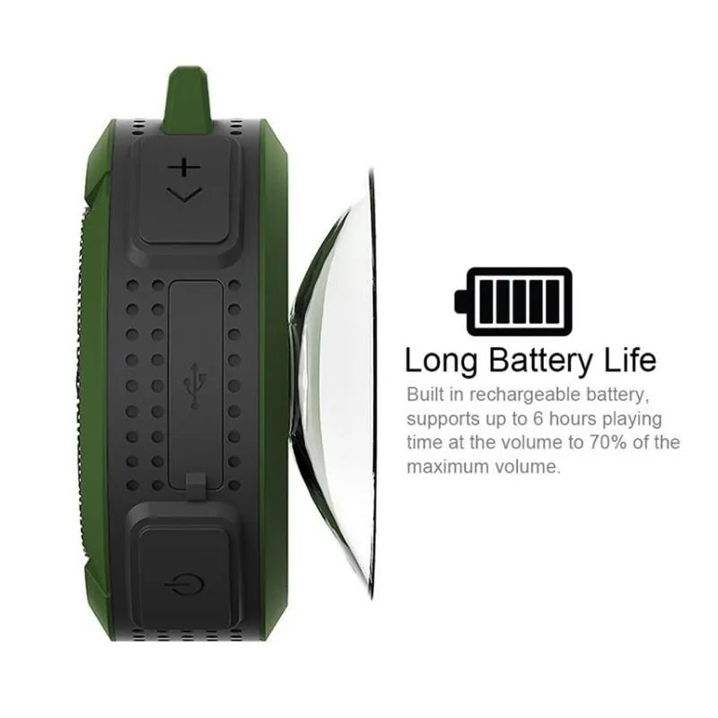 Side view of a green and black portable speaker showing battery life icon and text explaining '6 hours playing time at 70% volume'