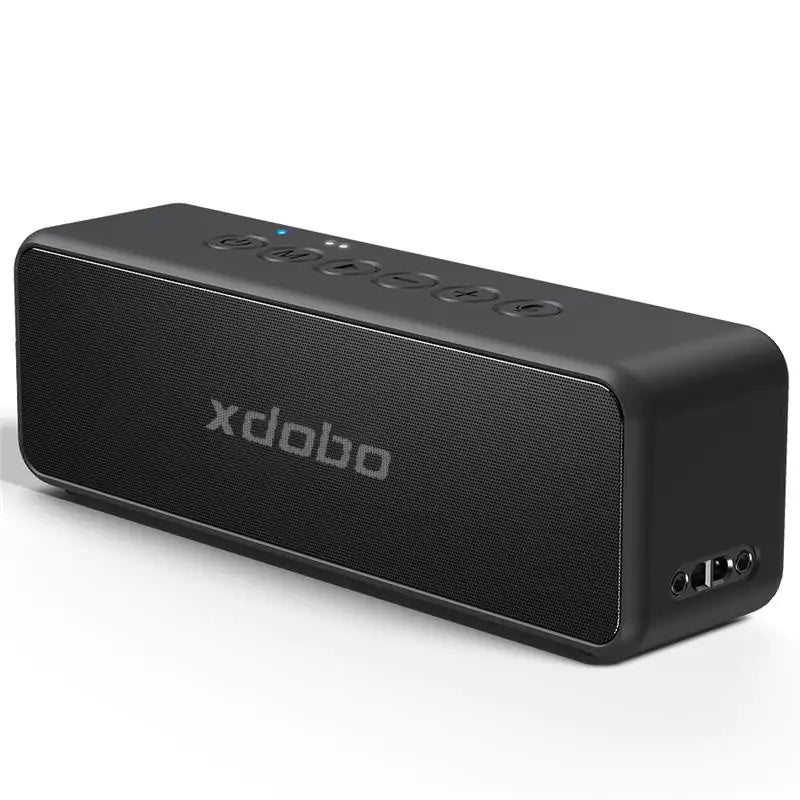 Side view of the black Xdobo speaker showing audio ports and the textured mesh grille design.