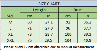 Size chart showing measurements for M-2XL shirts: length (69-75 cm) and bust (92-102 cm) with note about variance