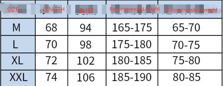 Size chart showing measurements for M-XXL shirts including length, bust, height and weight ranges