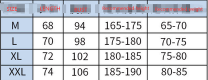 Size chart showing measurements for M-XXL shirts including length, bust, height and weight ranges