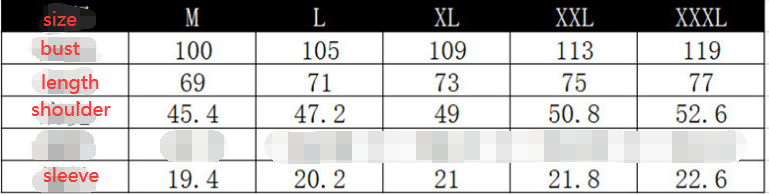 Size chart showing measurements for M to XXXL t-shirts, including bust, length, shoulder, and sleeve dimensions
