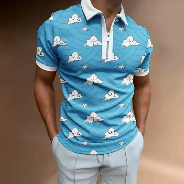 Sky blue polo shirt covered in white stylized cloud patterns with quarter-zip and white collar trim