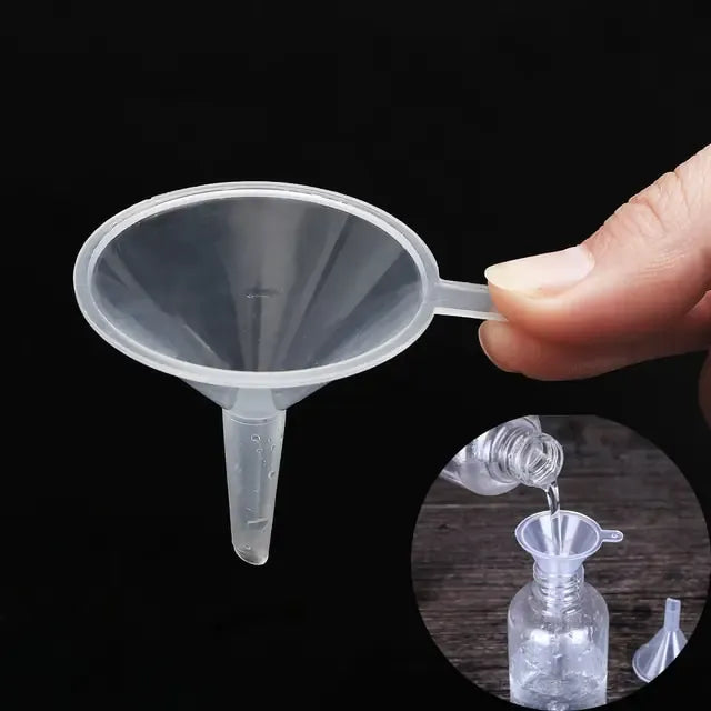 A small translucent plastic funnel held by a hand with liquid being poured into a bottle in an inset image.