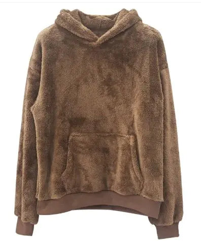 Soft teddy bear brown hoodie sweatshirt with front pouch pocket and elastic bands at sleeves and waist
