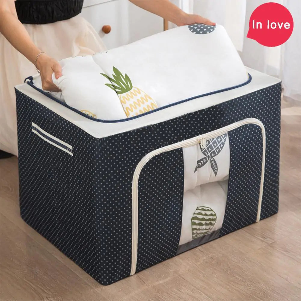Storage box with pineapple print duvet cover visible through window, 'In love' text in red circle