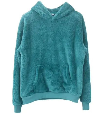 Teal sherpa-style hooded sweatshirt with thick fluffy material, classic pouch pocket, and ribbed trim edges