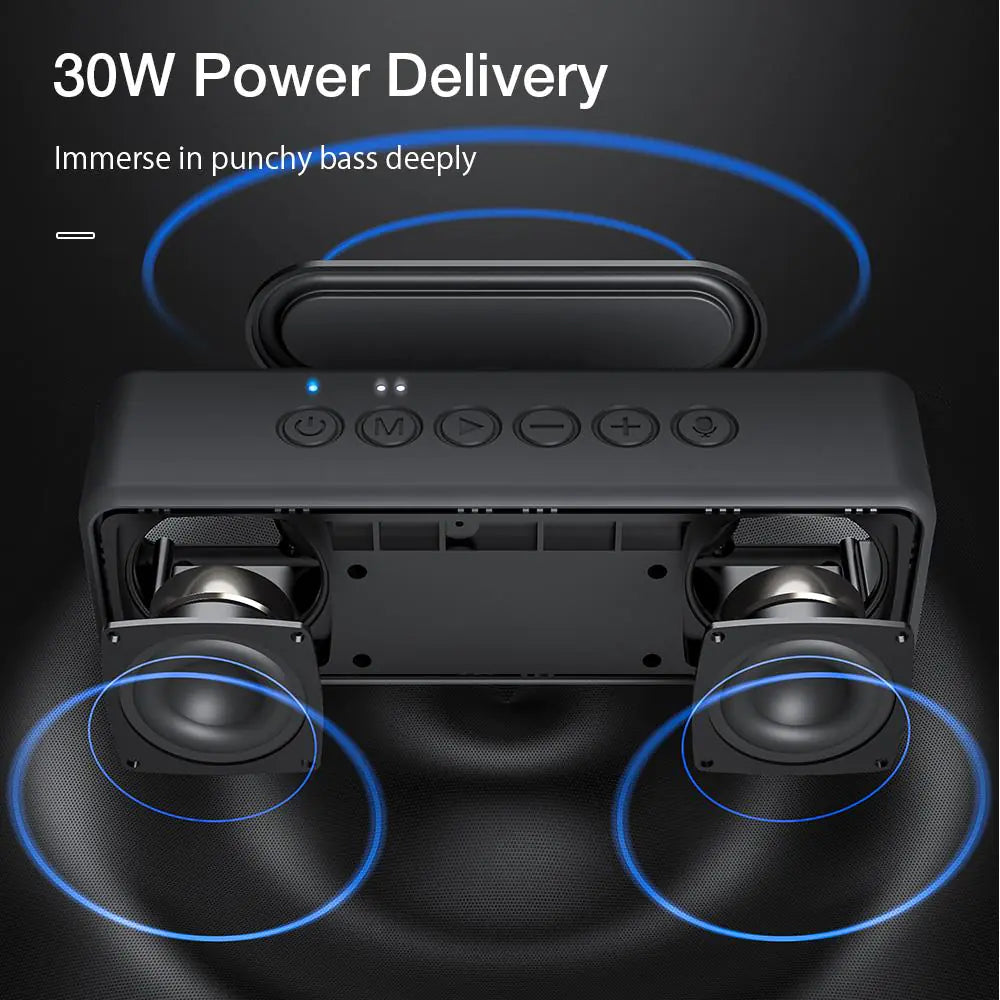 Technical diagram showing the speaker's 30W power delivery system with dual drivers and blue circular waves indicating sound distribution.