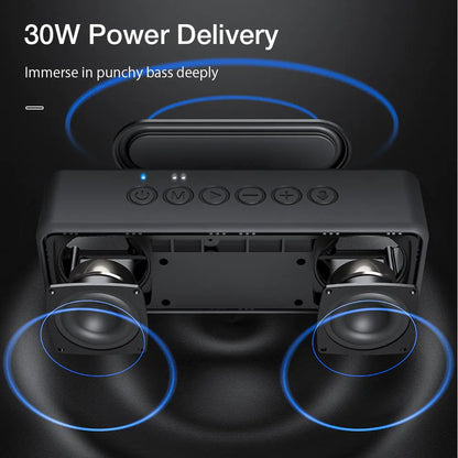 Technical diagram showing the speaker's 30W power delivery system with dual drivers and blue circular waves indicating sound distribution.