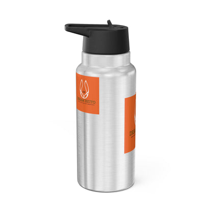 The same water bottle shown from a different angle, displaying multiple orange square brand labels on the brushed metal surface.