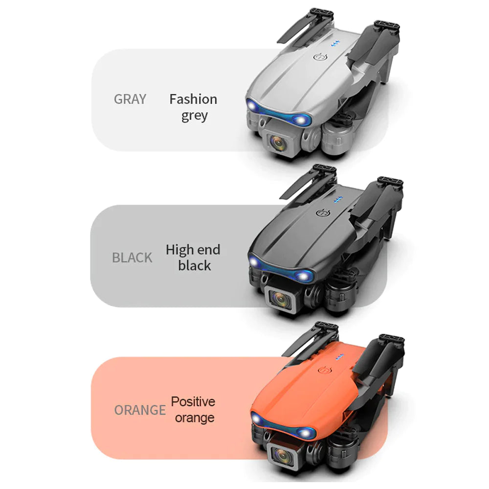 Three color variants of foldable drone shown: fashion grey, high-end black, and positive orange finishes