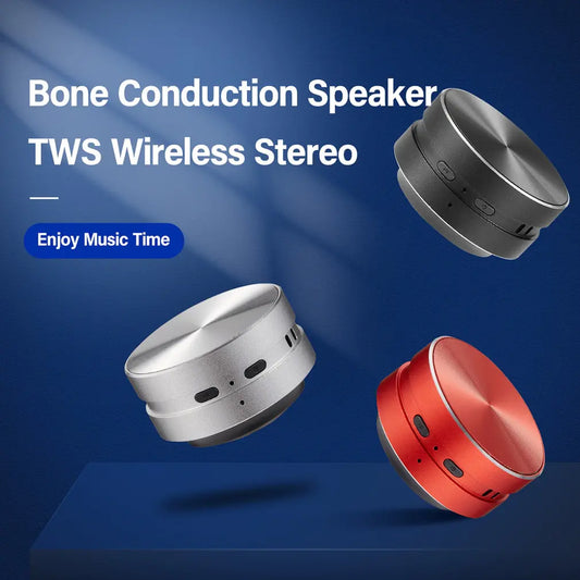Three metallic bone conduction speakers in silver, black, and red floating against a blue background with text.