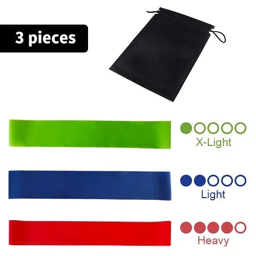 Three resistance bands (green X-Light, blue Light, and red Heavy) with a black pouch; fitness set