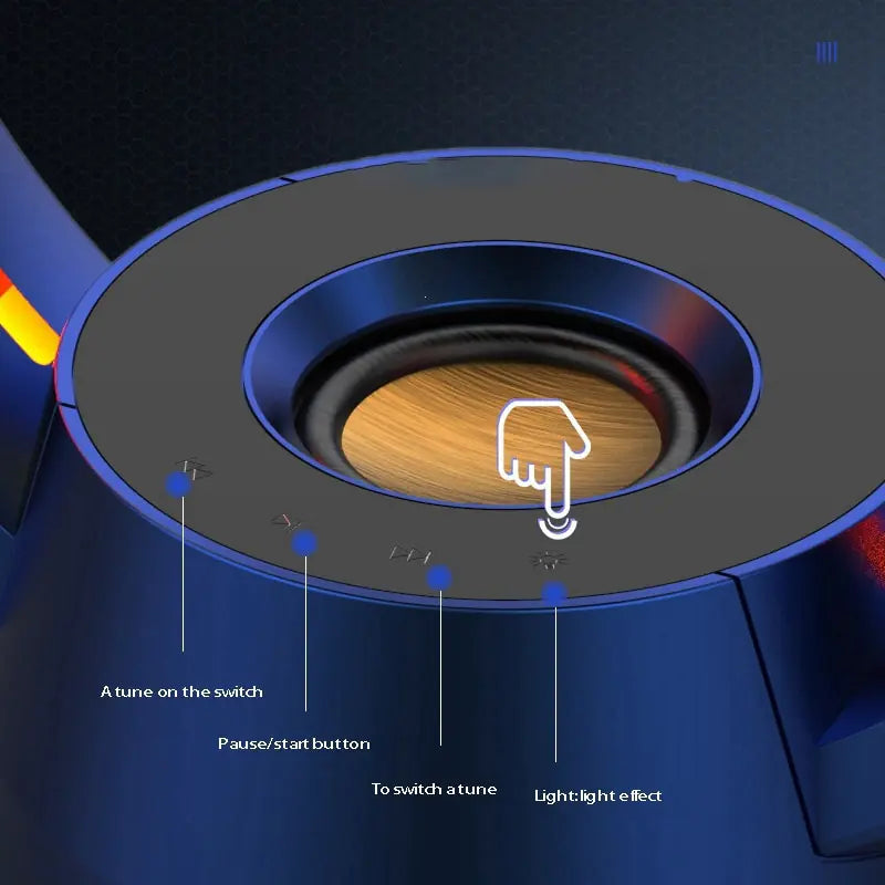 Top-down view of blue circular speaker showing control interface with labeled buttons and wooden speaker cone, featuring hand icon indicator
